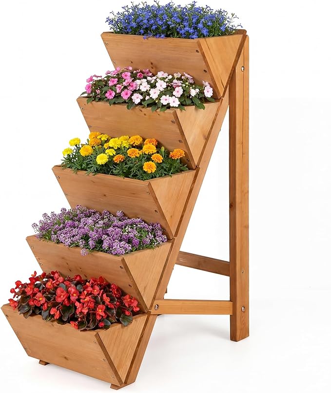 HAPPYGRILL Vertical Raised Garden Bed Freestanding Wood Elevated Planter Box w/Legs for Growing Vegetables Flowers Herbs Indoor Outdoor Tiered Plant Stand for Patio Yard Balcony Corner (15-Tier)