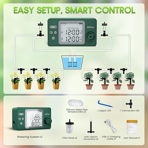 Automatic Watering System Dual Pump for Indoor Plants Built-in Rechargeable Battery Two Independent Water Zones Worry-Free Vacation Drip Irrigation Kit Water-Saving Smart Plant Waterer Green