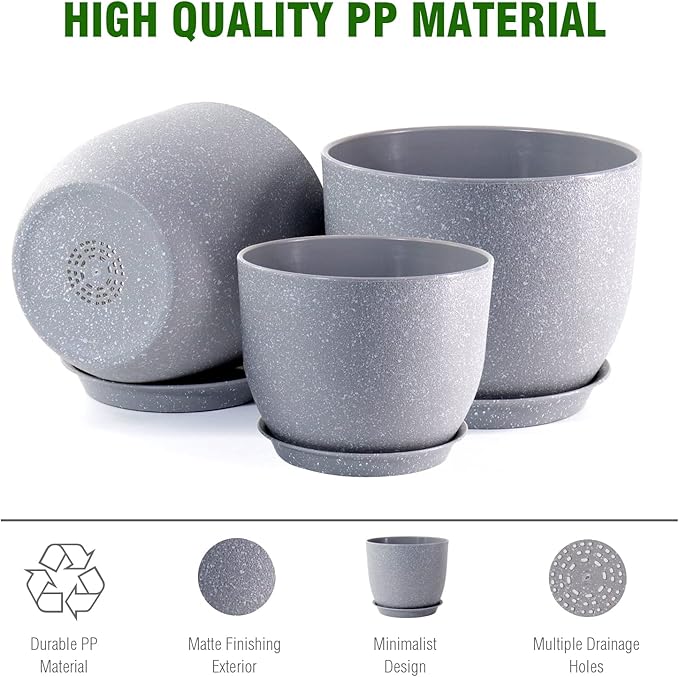 WOUSIWER Plant Pots 10/9/8 inch Set of 3 Modern Decorative Plastic Planters with Drainage Holes and Saucers for House Plants Indoor Flowers Plants Grey Speckles