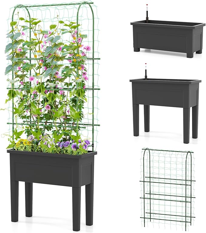 Giantex Raised Garden Bed with Legs &amp Trellis for Climbing Plants Self-Watering Planter Box w/Water Level Gauge for Vine Flower Herb Vegetable (29.5x13.5x76)
