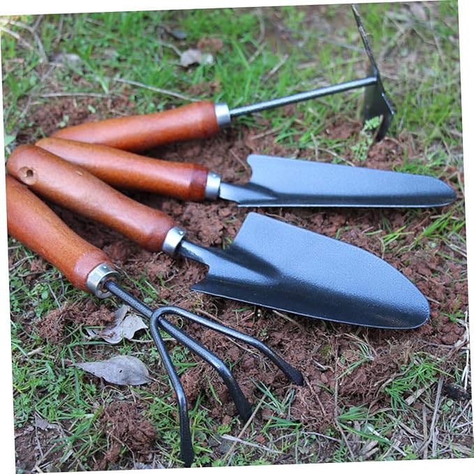 Toyvian Mini Garden Tool Set 4pcs Thickened Iron Spade and Wooden Handle Shovel for Planting Weeding and Transplanting in Garden and Patio Use