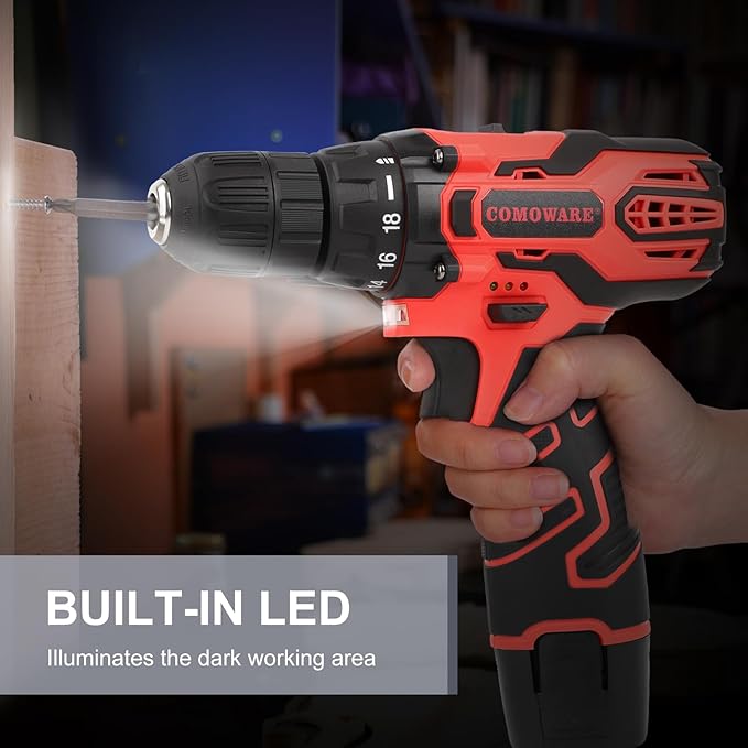 COMOWARE Cordless Drill Set 12V Power Drill 1 Battery 3/8 Keyless Chuck0-450 &amp 0-1500 RPM 10pcs Screwdriver Bits Red