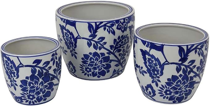 Garden Planter Set of 3 Ceramic Japanese White Blue Floral Pattern