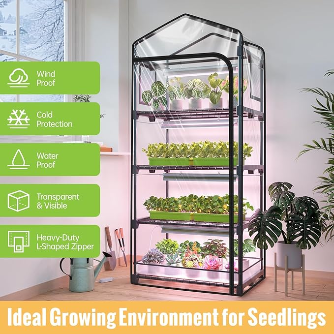 1.4FT Hanging Grow Light f+ 4-Tier Greenhouse 27 L x 19 W x 63 HBlack