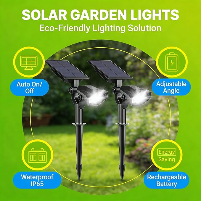 Solar Garden Spotlights 2 PCS Outdoor Landscape Lighting Warm White LED with Battery Powered Auto On/Off - Adjustable Angle Dual Installation for Lawn Patio Yard