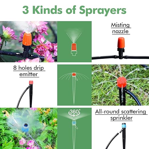 ASEVAT Drip Irrigation System Kit 26FT+197FT Garden Watering System with Hose Distribution Tubing Drip Emitters ConnectorsAutomatic Drip Irrigation Kit for PlantGreenhouse YardLawnPatio