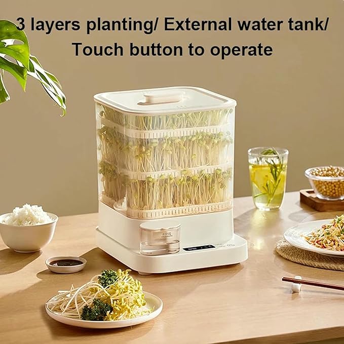 Automatic Sprouter Bean Growing Machine 3 Layers Home Smart Bean Sprout Machine with LED Display Time and 1.5L Water Tank 360° Automatic Spray 4 seaso