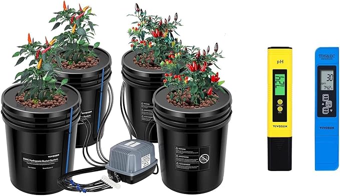VIVOSUN DWC Hydroponic Growing System 5-Gallon Deep Water Culture with Digital pH and TDS Meter Kits 0.01pH High Accuracy Pen Type pH Meter ± 2% Readout Accuracy 3-in-1 TDS EC for Hydroponics Pool