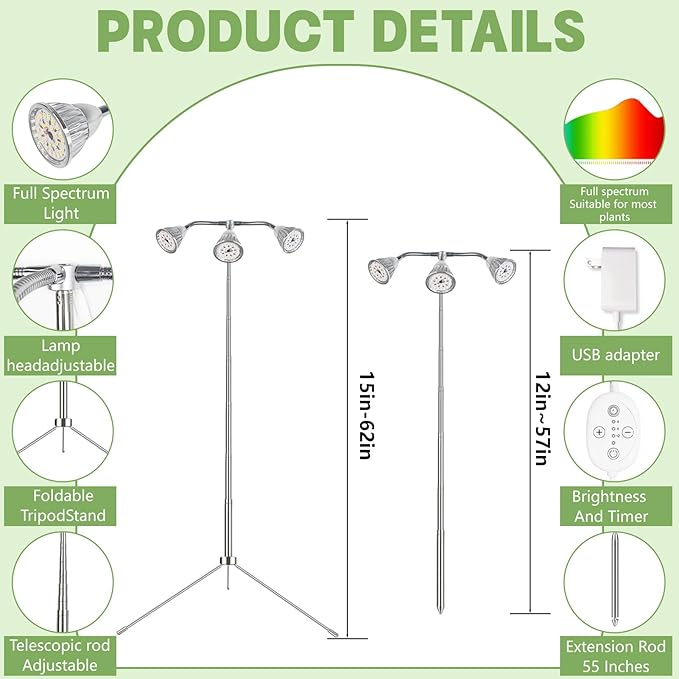 Full Spectrum Grow Lights for Indoor Plants 3 Heads Aluminum Alloy Growing Lamps Covers More Plants 15-62In Height Adjustable Plant Light with Detachable Tripod Stand Auto On/Off Timer for Offices
