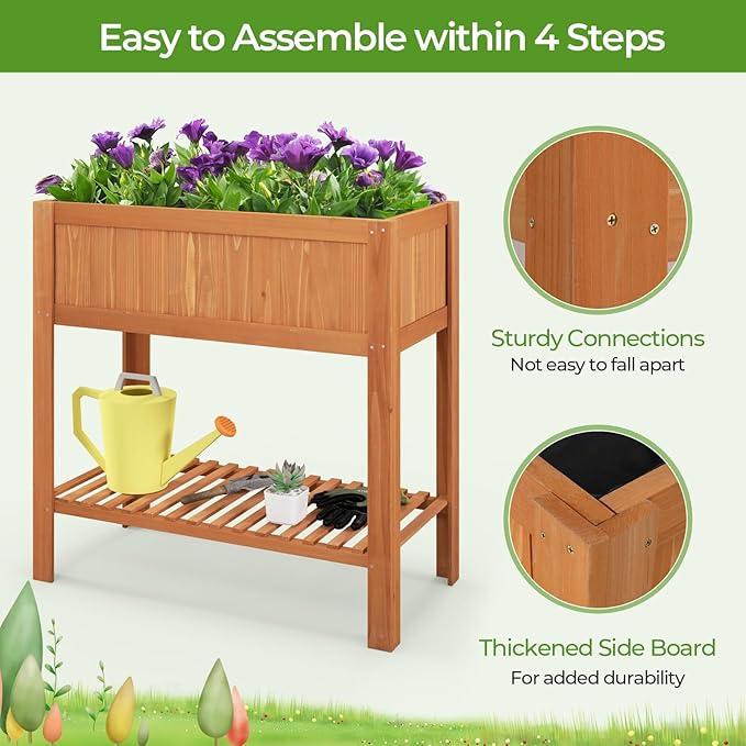 Giantex Raised Garden Bed Outdoor Elevated Fir Wood Garden Box with Legs Bottom Storage Shelf &amp Protective Liner Planter Raised Bed for Gardening Fruit Vegetables Herbs 39 Lx20 Wx39 H