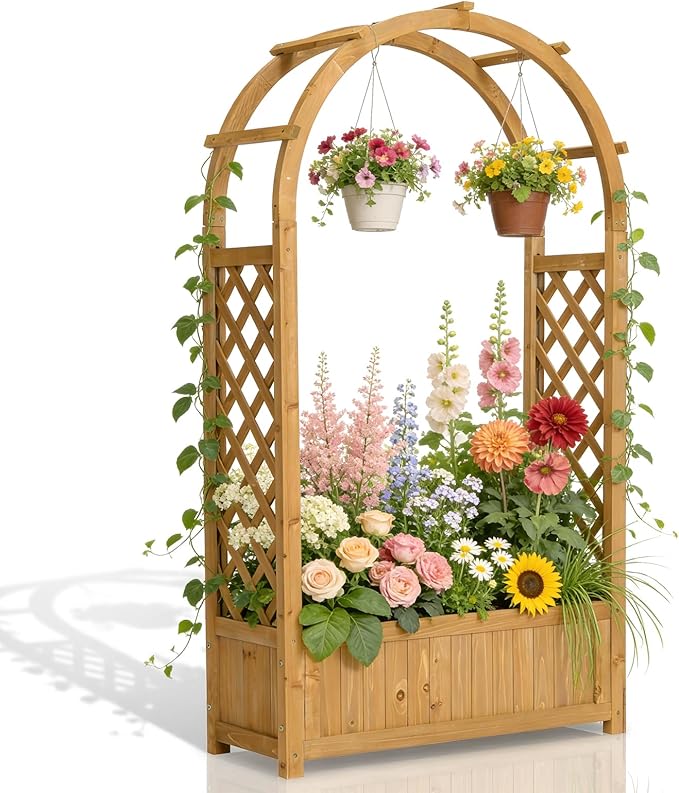 VINGLI Raised Garden Bed with Trellis &amp Hanging Roof Wooden Garden Bed Outdoor Planter Box for Yard Garden Balcony (Natural Wood Color Arched)