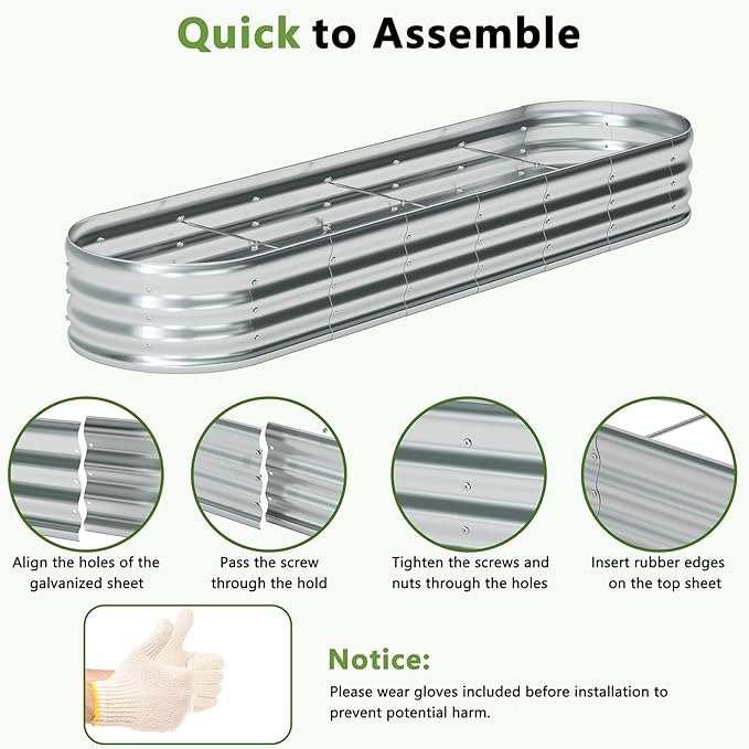 zizin Galvanized Raised Garden Bed Metal Oval Raised Garden Beds Outdoor Planter Box for Vegetables (8x2x1FT Silver)