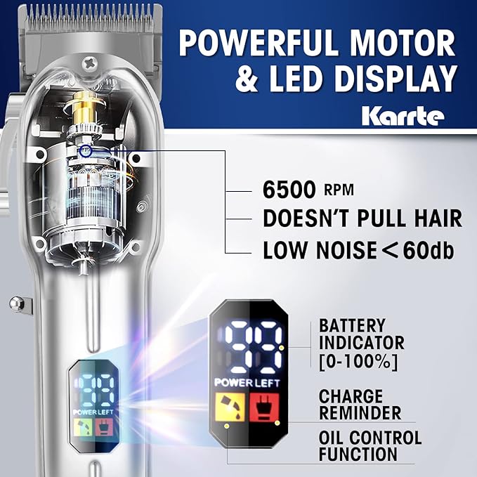 Karrte Professional Hair Clippers and Trimmer KitCordless Hair Cutting KitBarber Supplies for Men Beard Trimmer Mens Grooming Kit Accessories (Silver)