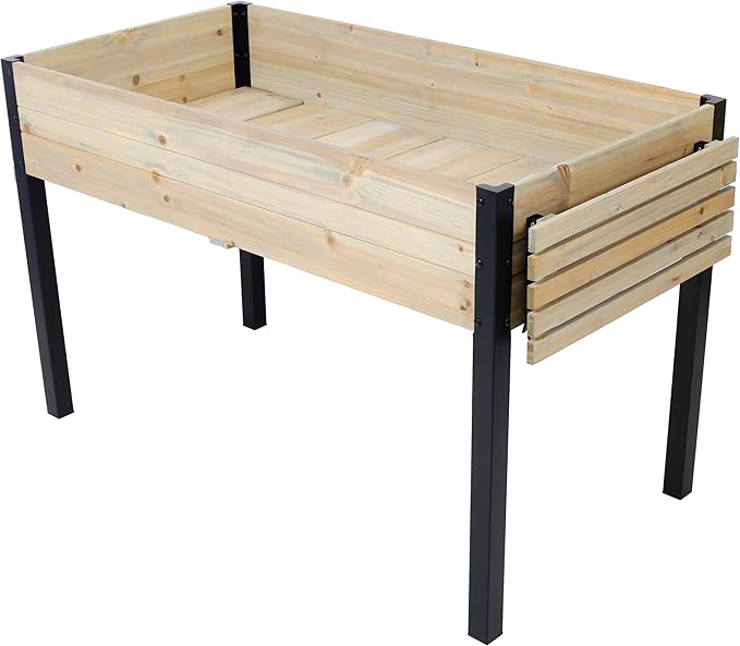 Raised Garden Bed Metal Leg Wood Planter Boxes with Folding Storage ShelfElevated Planter Box for Growing Fresh Herbs Vegetables Flowers Great for Outdoor Patio Deck Balcony (Black+Natural)