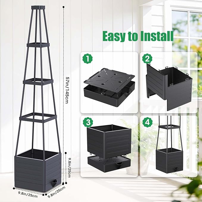 4 Pack Raised Garden Bed Planter Box with Trellis 57 Self-Watering Tomato Cage Planters for Climbing Plants Vegetable Vine Flowers Outdoor &amp Indoor (57x9.8x9.8IN)
