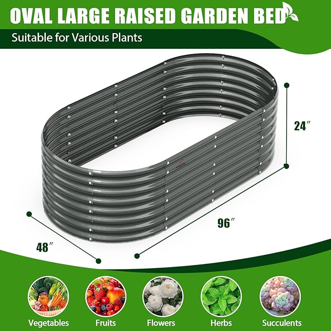 A ANLEOLIFE 4-Set 8X4X2 ft Galvanized Raised Garden Bed Kit Oval Metal Deep Root Planters for Outdoor Plants Quartz Grey