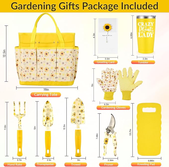 Lifecapido Gardening Gifts for Women Gardening Hand Tools 9 PCS Sunflower Garden Tool Set Kit with Garden Tool Bag Birthday Christmas Mothers Day Garden Tools Gifts for Gardeners Women Mom (Yellow)