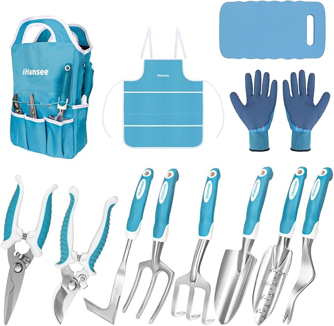 Blue Garden Tool Sets 12-Piece Aluminum Gardening Hand Tools w/Ergonomic Handle Garden Supplies Organizer Handbag Kneeling Pad Apron and Gloves Gift for Women Garden Starter Kit for Women