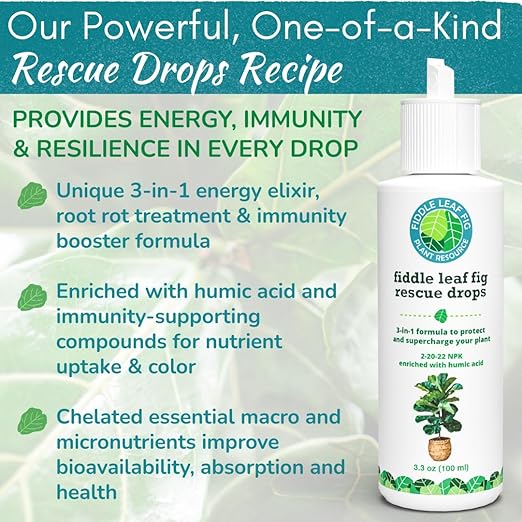 Fiddle Leaf Fig Rescue Drops – Treats Root Rot Brown Spots Leaf Drop &amp Stress | Immune Boosting Liquid Formula Concentrate | Easy to Use | Safe for All Tropical Plants | 3.3 oz | Made in USA
