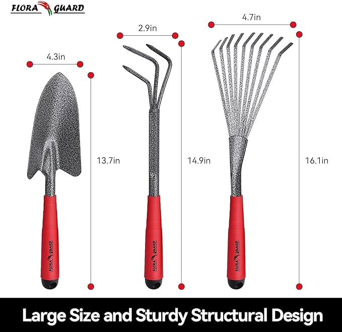FLORA GUARD 6-Piece Garden Tool Set Heavy Duty Gardening Hand ToolsIncludes Trowel Rake 2-in-1 Hoe &amp Crack Weeder Durable Yard Gardening Tools Ideal Gardening Gift for Men &amp Women