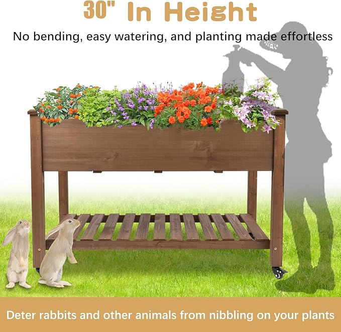 PetsCosset Raised Garden Bed with Wheels Elevated Wooden Planter Box with Bed Liner and Storage Shelf for Vegetables Herbs and Flowers - Brown