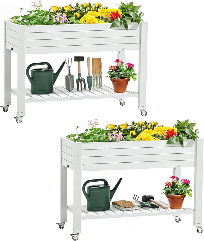 YITAHOME 43.3x17.7x34 in Elevated Garden Bed 2pcs Outdoor Plastic Planter Box with Wheels Legs Drain Plug and Storage Shelf for Plants Vegetables Flowers Herbs Grayish-White