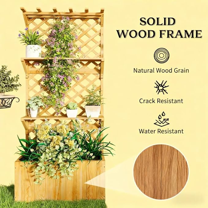 Wooden PlanterRaised Garden Bedwith Trellis Hanging Roof Plant Shelf Drainage Holes and Bed Liner