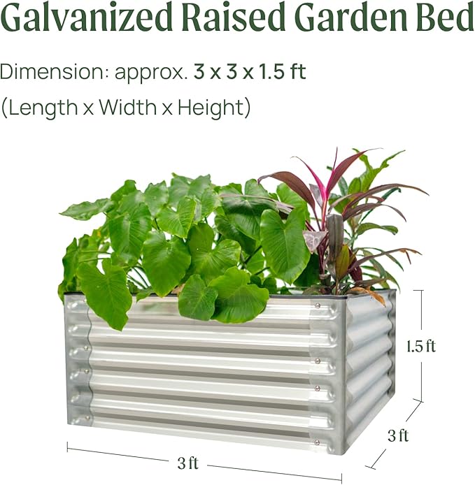 17“ Tall Galvanized Raised Garden Bed 3ftx3ft Metal Raised Garden Bed Kit Rectangular Raised Planter Garden Deep Root Box Planter for Vegetables Flowers Herbs and Succulents