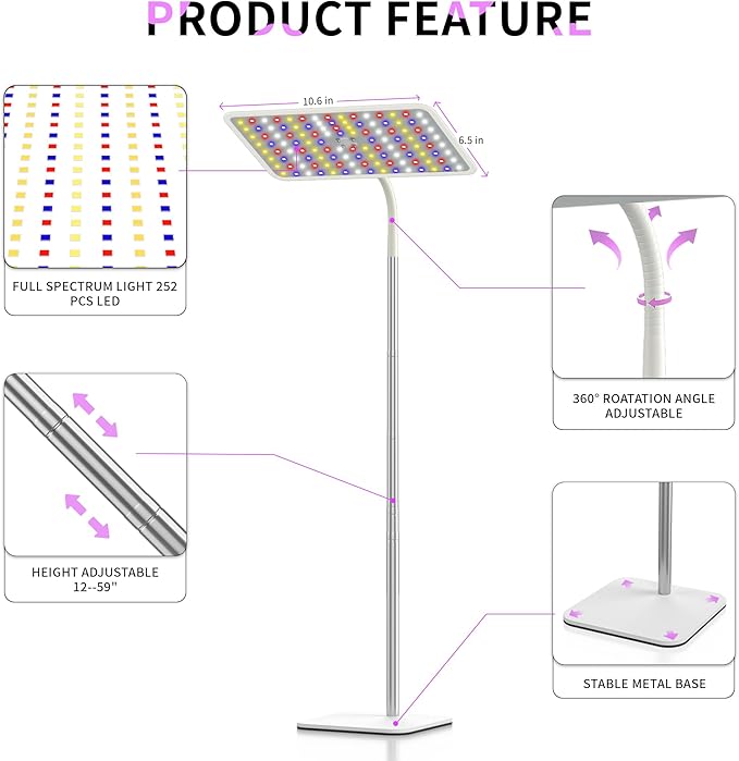 BESTVA 36W Grow Lights with Stand Full Spectrum LED Plant Light 12-59 Inch Height Adjustable Growing Lamp with Auto On/Off Timer 4H/8H/12H 4 Dimmable Brightness