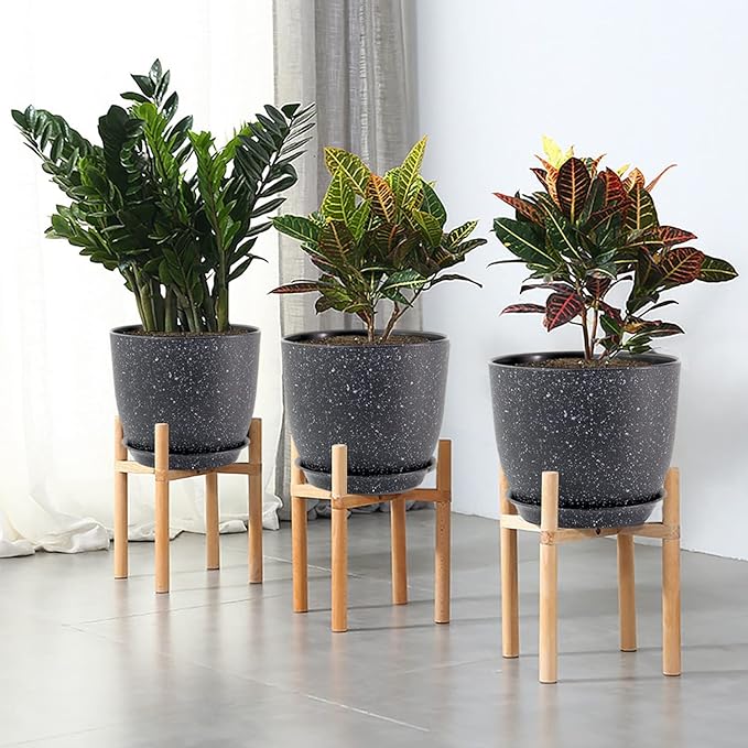 WOUSIWER Plant Pots 10/9/8 inch Set of 3 Modern Decorative Plastic Planters with Drainage Holes and Saucers for House Plants Indoor Flowers Plants Black with White Speckles