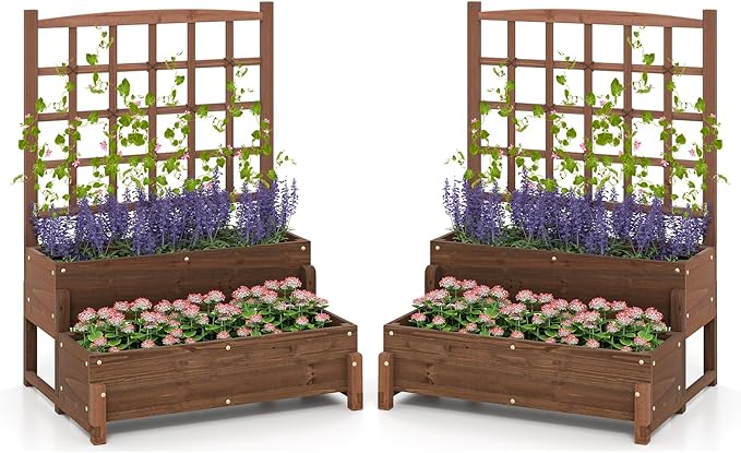 Giantex 2 Pcs Raised Garden Bed with Legs and Trellis 2-Tier Standing Planter Box with Drain Holes Outdoor Elevated Garden Trellis for Vine Climbing Flower Vegetable Fruit Herb Growing