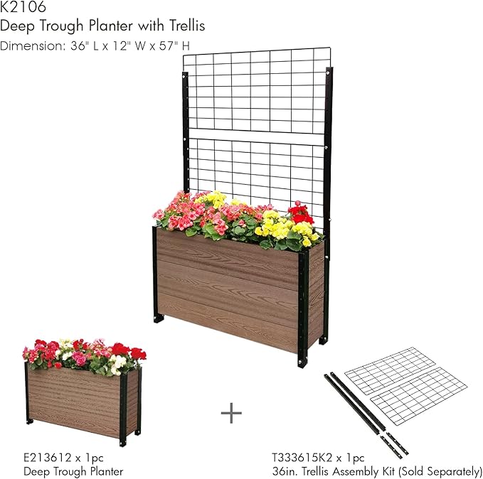 Everbloom Modular Deep Trough Wood Plastic Composite Planter in Brown 36 L x 12 W x 21 H - Grow Veggies Flowers Herbs Indoor Outdoor Narrow Space Backyard Patio Deck