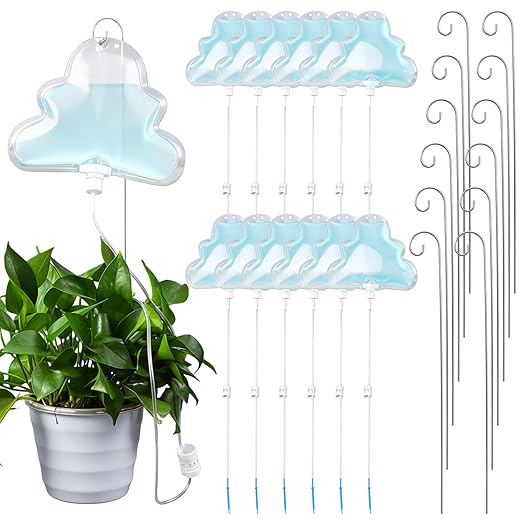 Zhengmy 12 Pcs Cloud Plant Drip Irrigation Self Watering Devices with Flow Regulator Automatic Plant Watering System with 500ml Drip Water Bag and Support Rod Stake for Potted Indoor Outdoor Waterer
