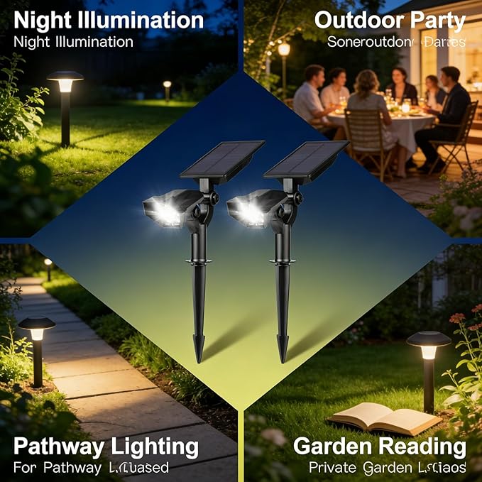 Solar Garden Spotlights 2 PCS 5 LEDs Warm White Landscape Lighting Battery Powered Outdoor Path Lights with Auto On Off - Energy Efficient Adjustable Angle Ideal