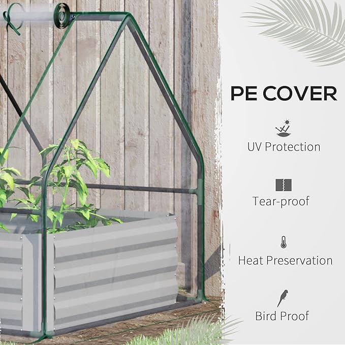 4' x 3' Galvanized Raised Garden Bed with PVC Greenhouse Cover Outdoor Metal Planter Box with 2 Roll Up Windows for Growing Flowers Fruits Vegetables and Herbs Clear