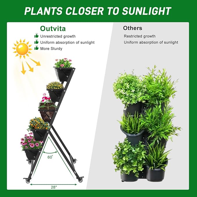 WEI WEI GLOBAL 5 Tiers Vertical Garden Bed with Drainage Holes Outdoor Vertical Garden Planter Planter Standing Garden Bed Outdoor Raised Planter Box for Vegetables Flowers Black