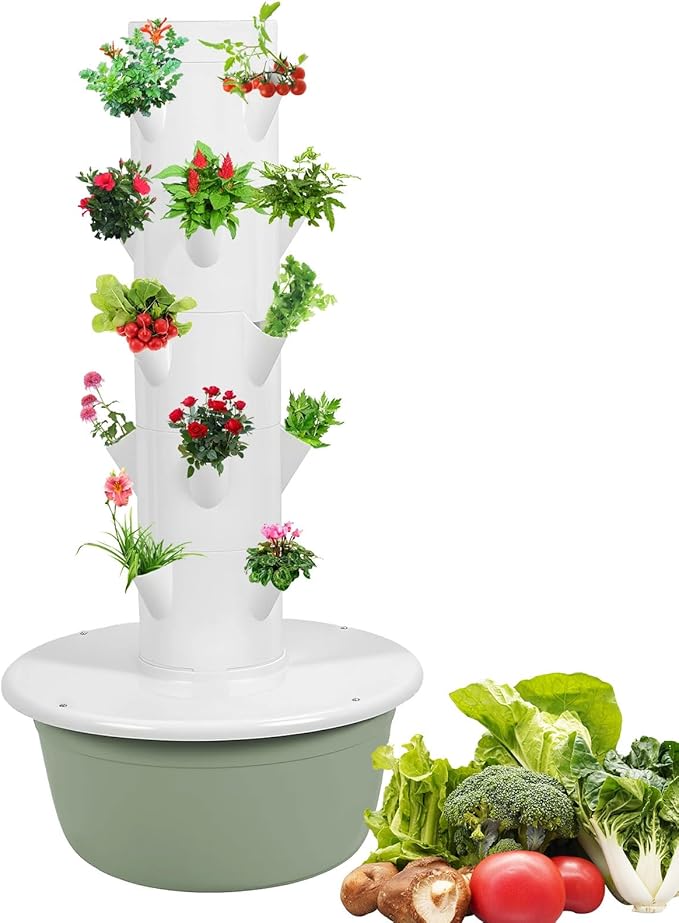 AIZYR 5 Layer Hydroponic Growing Tower System Hydroponic Tower Vertical Planter Tower Outdoor Indoor Garden Growing System Kit Automatic Watering