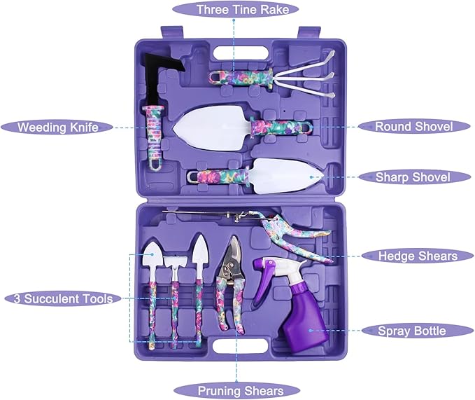 Garden Tool Sets Gardening Grandma Kid Gifts 10 Pieces Plant Hand Tool Sets with Purple Carrying Case for Men Gardener