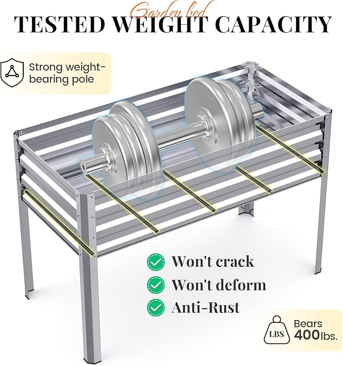 KING BIRD Large Raised Garden Bed with Legs Galvanized Elevated Planter Box 48×24×32 in for Backyard Patio Balcony 400lb Capacity Silver 2pcs