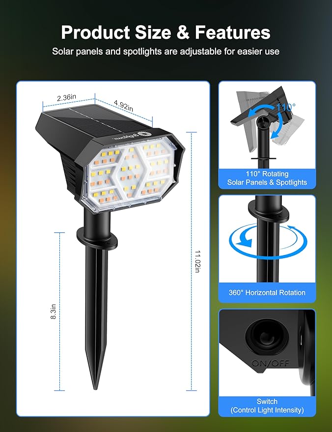 Brightown 4Pack Solar Spot Lights Outdoor [Cool &amp Warm Light 2-in-1] IP67 Solar Lights Outdoor Waterproof with 1800mAh Two Mounting Methods Outdoor Solar Lights for Yard Garden and Pathway