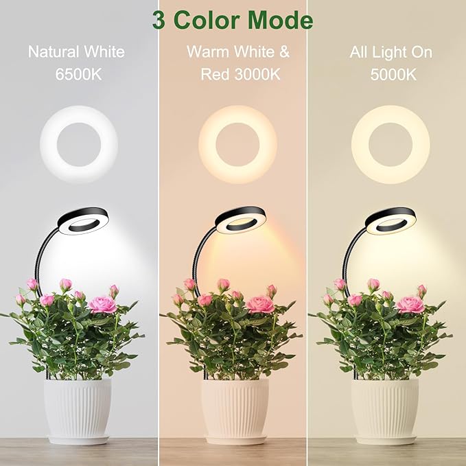 Wolezek 2 in 1 Grow Lights for Indoor Plants 3 Colors Plant Lights with 360 Gooseneck 48 LEDs Full Spectrum 6/12/16H Timer 5 Brightness Black 3 Pack