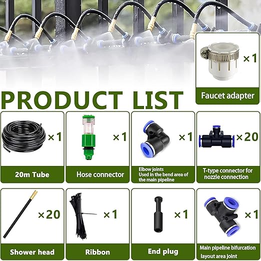 Automatic Greenhouse Drip Irrigation Kit with 20 Brass 360° Adjustable Nozzles 65FT 1/2 Tubing &amp Misting System for Outdoor Plants HydroponicsRaised Beds &amp Flower Gardens-Easy Setup &amp W