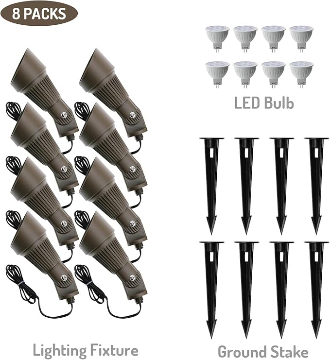 4W LED Landscape Lighting Low Voltage Landscape Lights Spotlights GL106-BZLED8 AC/DC 12V Warm White Waterproof for DrivewayYard LawnPatioWallsTreesFlagsOutdoor Light (Bronze 8 Pack)