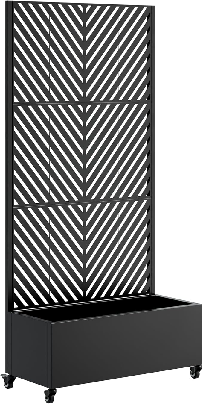 73'' Metal Raised Garden Bed with Trellis Planter Box Outdoor with 4 Wheels &amp Privacy Screen Galvanized Raised Beds Planters Flower Box for Climbing Plants Vegetables (Black4)