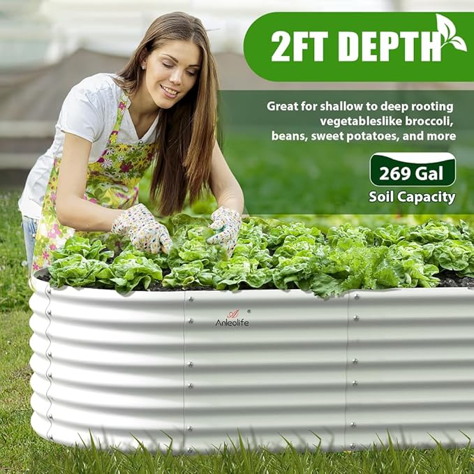 A ANLEOLIFE 6X3X2 ft Galvanized Raised Garden Beds Outdoor-6 Pack Oval Large Metal Deep Root Planter Box for Planting Vegetables Flowers Herb Anti-Rust &amp Easy-Setup Antique White
