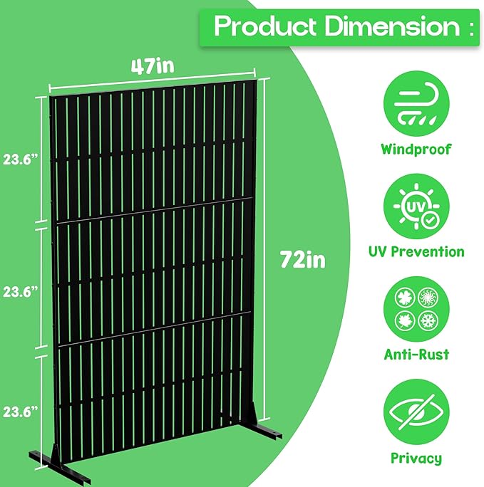 Metal Privacy Screen 72 H x 47.2 Decorative Outdoor Privacy Screen Privacy Panel with Stand for Balcony Deck Patio Lawn Garden Privacy Fence (Black-Vertical)