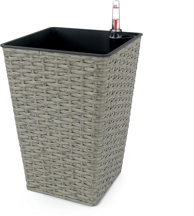2 Pack Smart Self Watering Square Planter for Indoor and Outdoor Hand Woven Wicker Gray