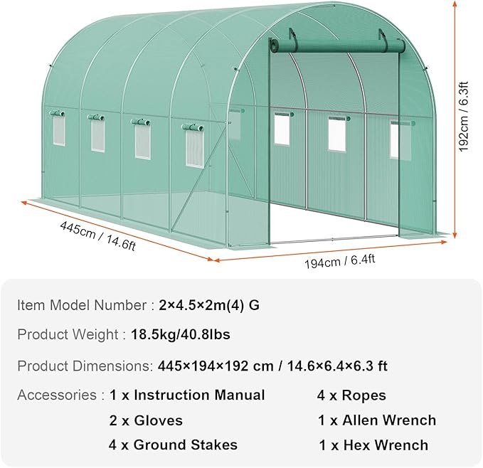VEVOR Walk-in Tunnel Greenhouse 14.6x6.4x6.3 ft Hoop House Greenhouse Tunnel Plant Hot House with Galvanized Steel Frame Green PE Cover Roll-up Zipper Door and 8 Windows for Outdoor