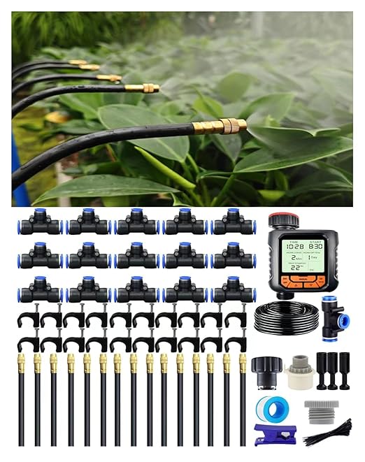 Drip Irrigation System 360 Degree Adjustable Garden Sprinkler High Output Mist Spray Nozzle for Potted Plants Easy Connect &amp Rotating Head Customizable Water Flow (65FT+15spray nozzles+Timer)