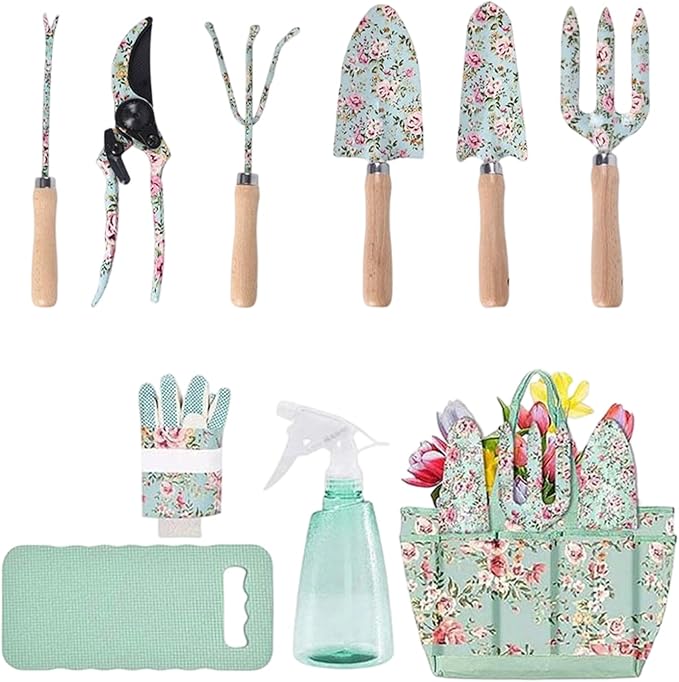 Garden Tool Set Patterned Organizer Bag Rust-Resistant Tools for Flower Beds Planting Digging Trimming Outdoor Yard Gardening for Gardener Mom Home Lightweight